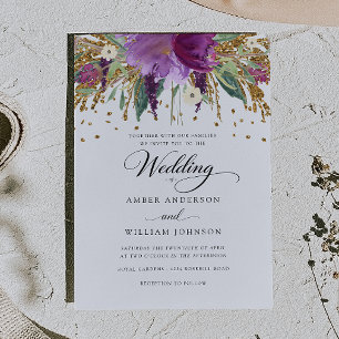 Invitation Mariage Paillettes Étincelantes Améthyste Floral