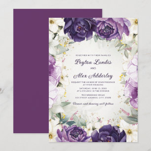 Invitation Mariage Paillettes Floral Blanc Violet Romantique