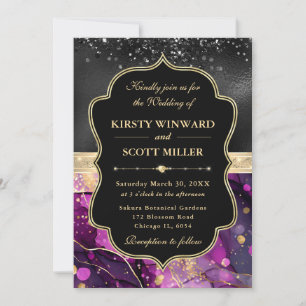 Invitation Mariage Paillettes Noires Agate Violette Élégante