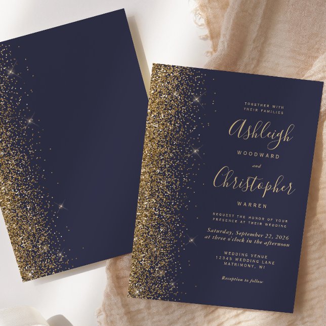 Invitation Mariage Paillettes Or Bleu Foncé Moderne (Créateur téléchargé)