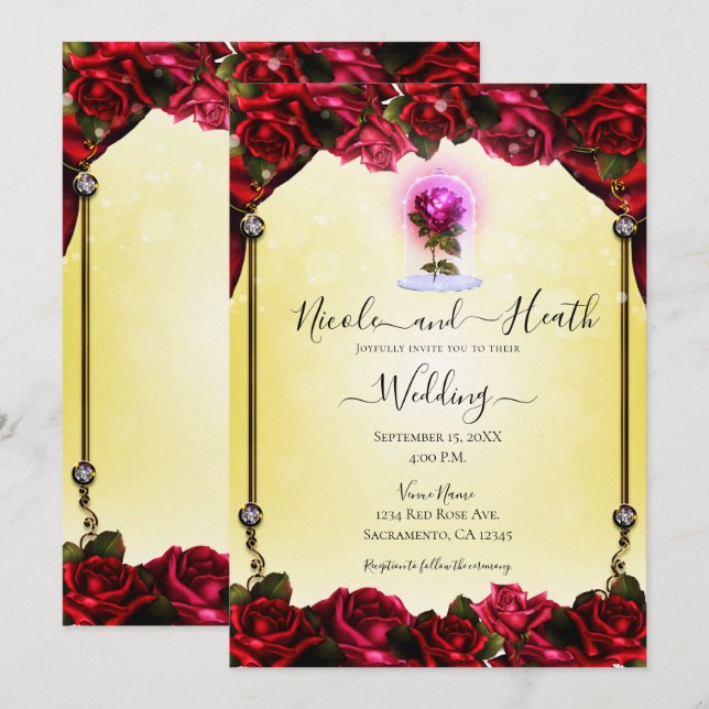 Invitation Mariage Paillettes Or Jaune Rose Rouge Lueur Magiq (Devant / Derrière)