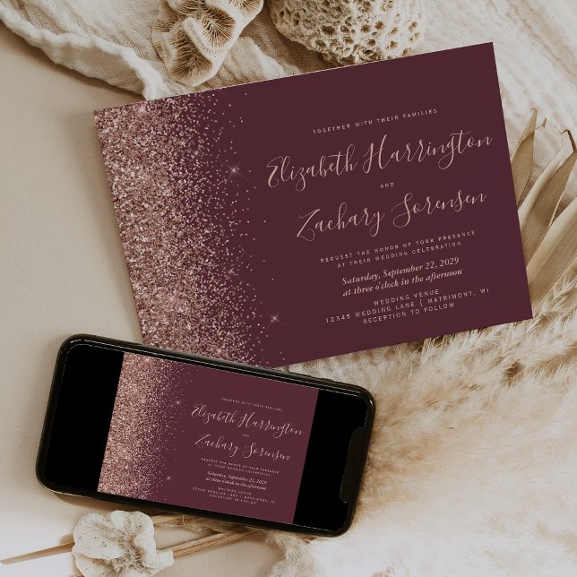 Invitation Mariage Paillettes Or Rose Bourgogne Moderne (Créateur téléchargé)
