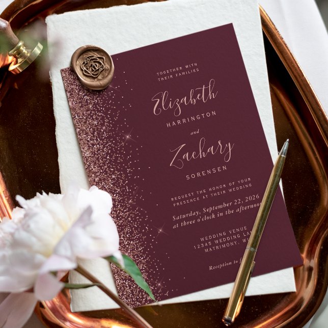 Invitation Mariage Paillettes Or Rose Bourgogne Moderne Sombr (Créateur téléchargé)