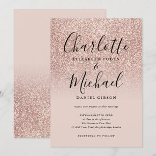 Invitation Mariage Paillettes Or Rose Écriture Élégante