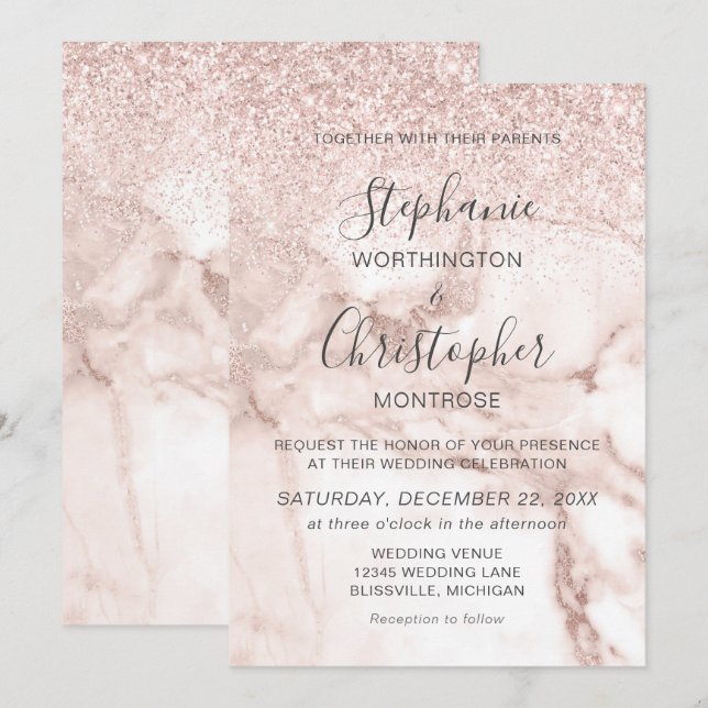 Invitation Mariage paillettes or rose marbre élégant (Devant / Derrière)