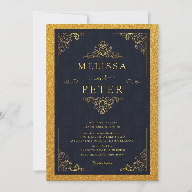 Invitation Mariage Paillettes Or Royal (Devant)