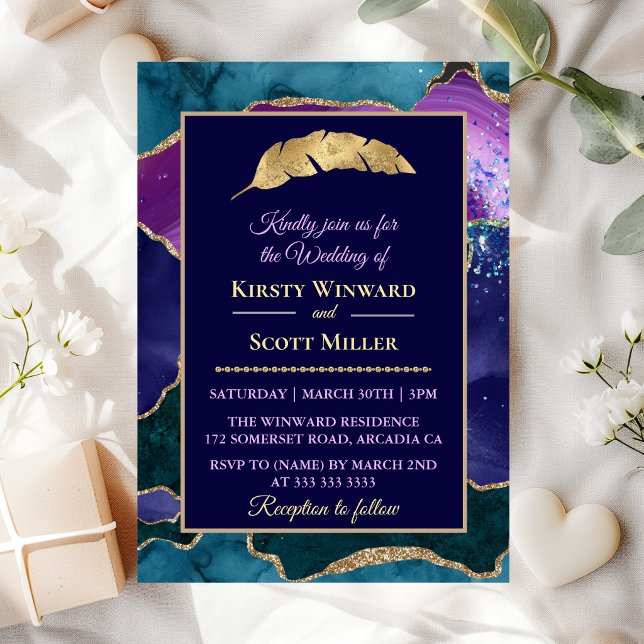 Invitation Mariage Paillettes Or Turquoise Violet Agate (Créateur téléchargé)