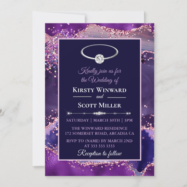 Invitation Mariage Paillettes Rose Violet Agate (Devant)