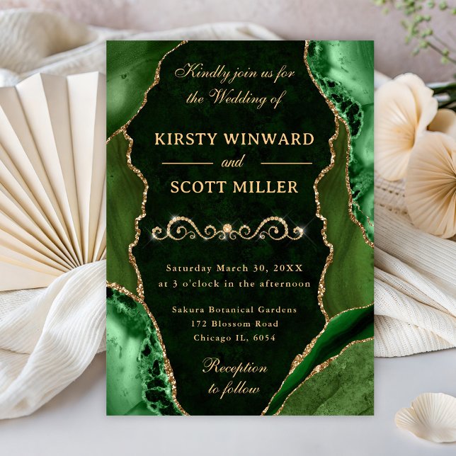 Invitation Mariage Paillettes Vert et Or Agate & Marbre (Créateur téléchargé)