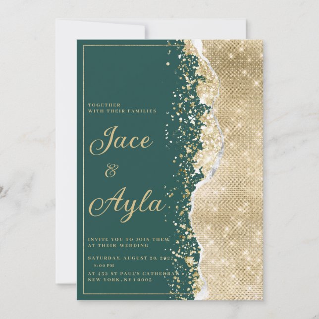 Invitation Mariage paillettes vert or luxe Élégant (Devant)