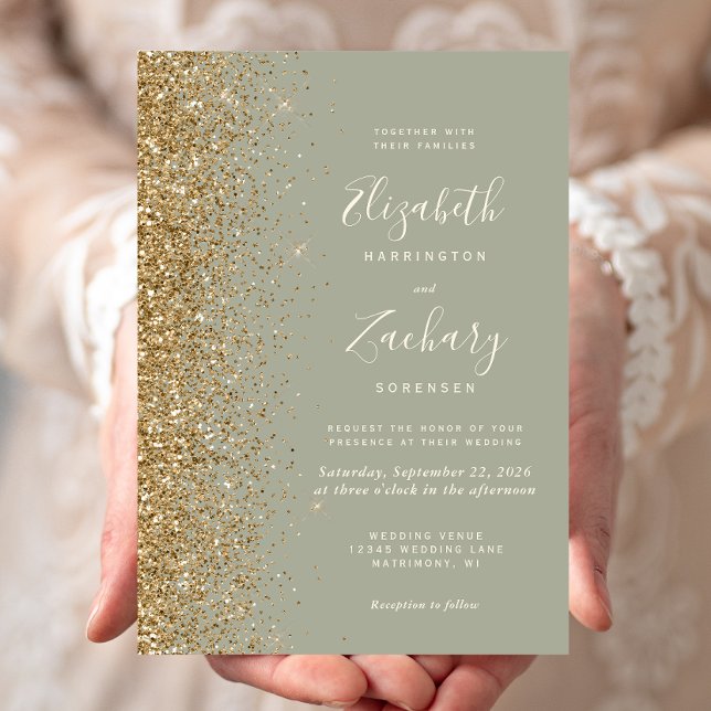 Invitation Mariage Paillettes Vert Sauge Or (Créateur téléchargé)