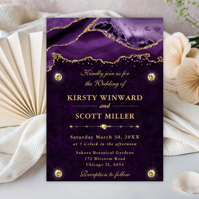 Invitation Mariage Paillettes Violet et Or Agate (Créateur téléchargé)