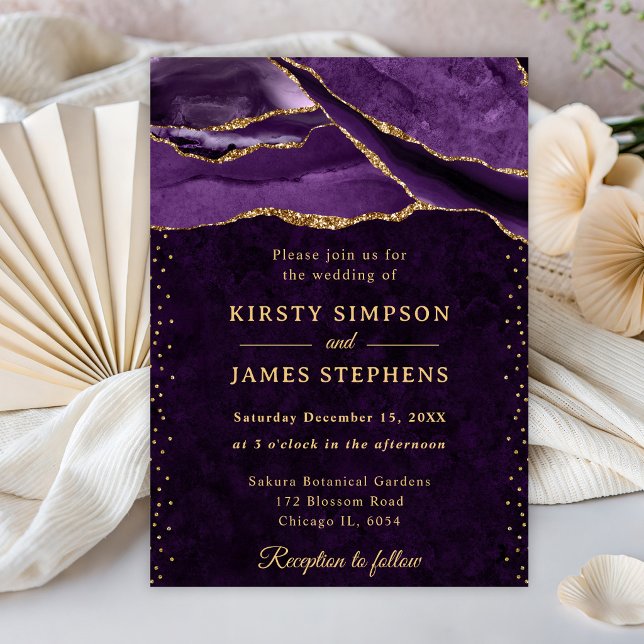 Invitation Mariage Paillettes Violet et Or Agate (Créateur téléchargé)