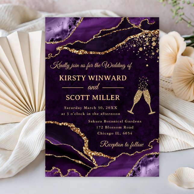 Invitation Mariage Paillettes Violet et Or Agate (Créateur téléchargé)