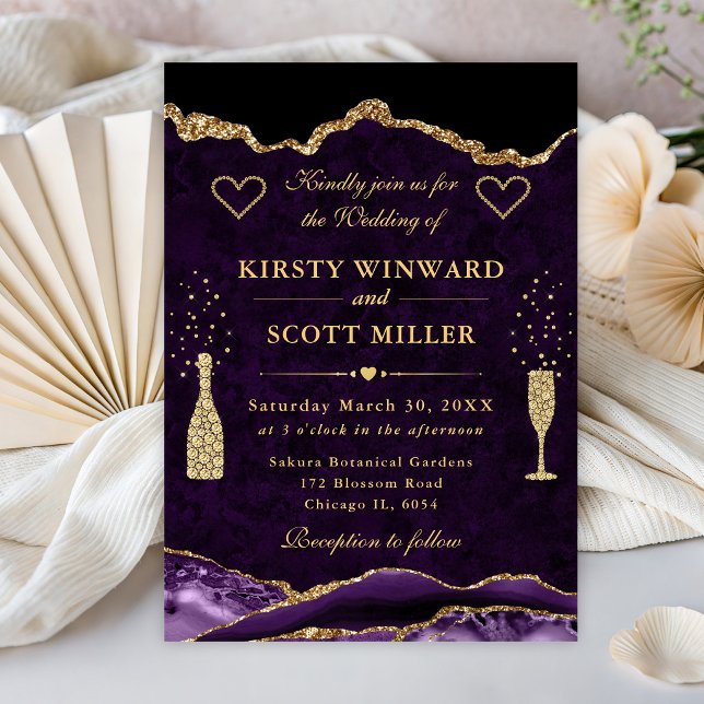 Invitation Mariage Paillettes Violet et Or Agate (Créateur téléchargé)