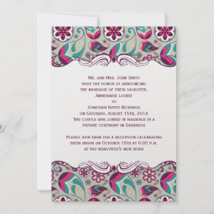 Invitation Mariage Paisley Turquoise rose chaud