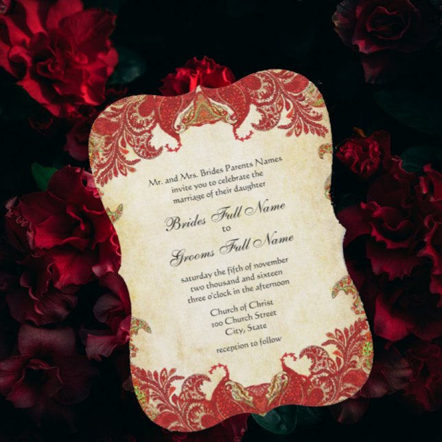 Invitation Mariage Paisley Vintage rouge et or (Créateur téléchargé)