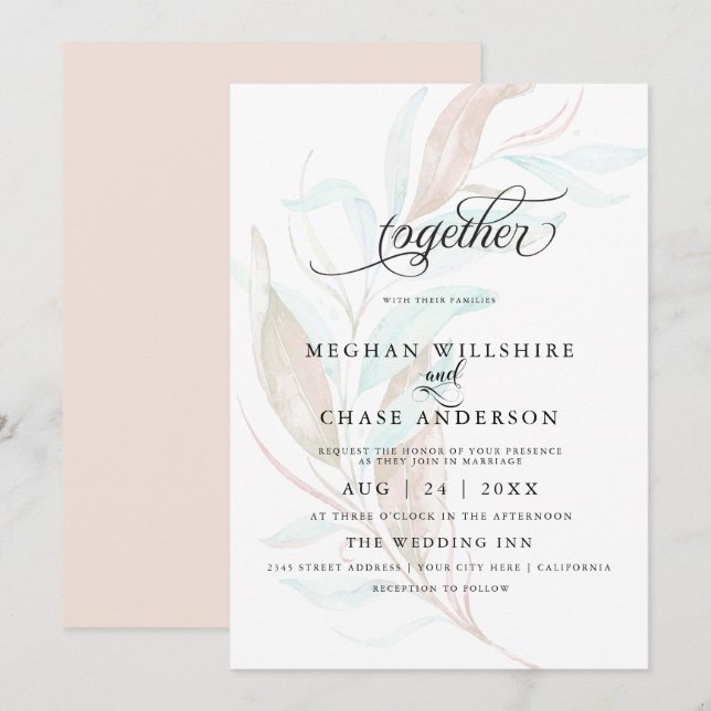 Invitation MARIAGE | Pale Coral Turquoise Aquarelle Folio (Devant / Derrière)