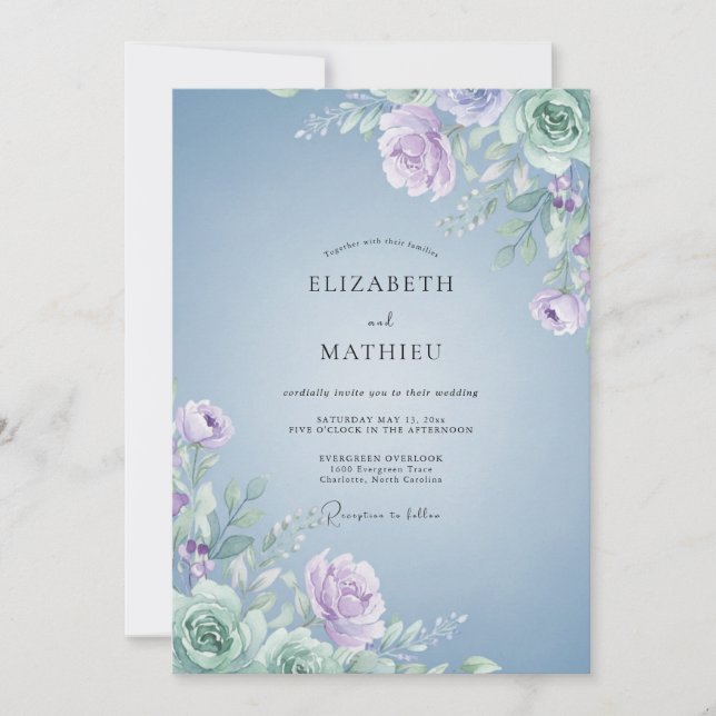 Invitation Mariage Pâle Lilas Feuillu Pervenche (Devant)