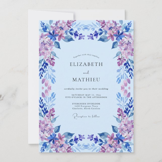 Invitation Mariage Pâle Pétale de Lilas Pervenche (Devant)