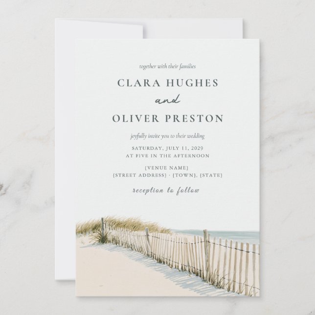 Invitation Mariage Pale Sable Teal Script Cape Cod Dune Herbe (Devant)