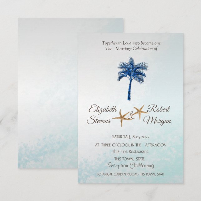 Invitation Mariage Palmier Paillettes Bleu de Plage Tropicale (Devant / Derrière)