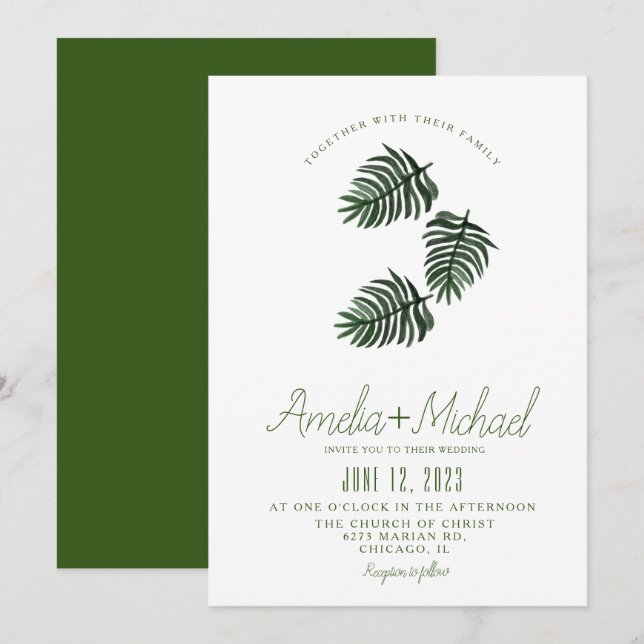 Invitation Mariage Palmier Vert Botanique Tropical Aquarelle (Devant / Derrière)