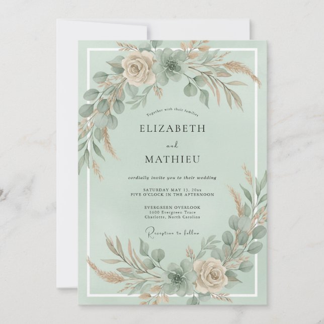 Invitation Mariage Pampas Eucalyptus Champagne Menthe (Devant)