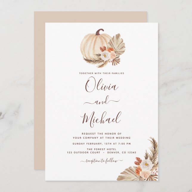 Invitation Mariage Pampas Grass Blanc Citrouille Terracotta (Devant / Derrière)