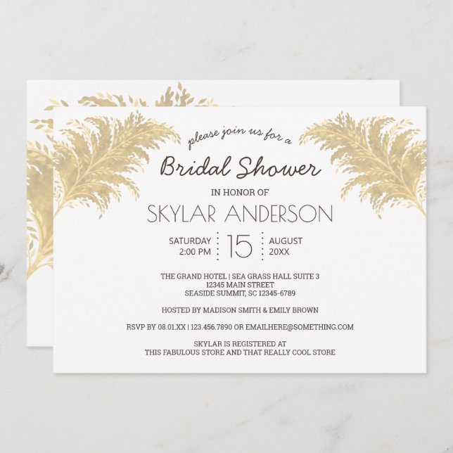 Invitation Mariage Pampas Tan Grass Sur Fête des mariées Blan (Devant / Derrière)