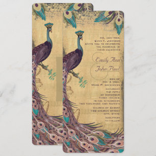 Invitation Mariage Paon Aqua Aubergine Vintage
