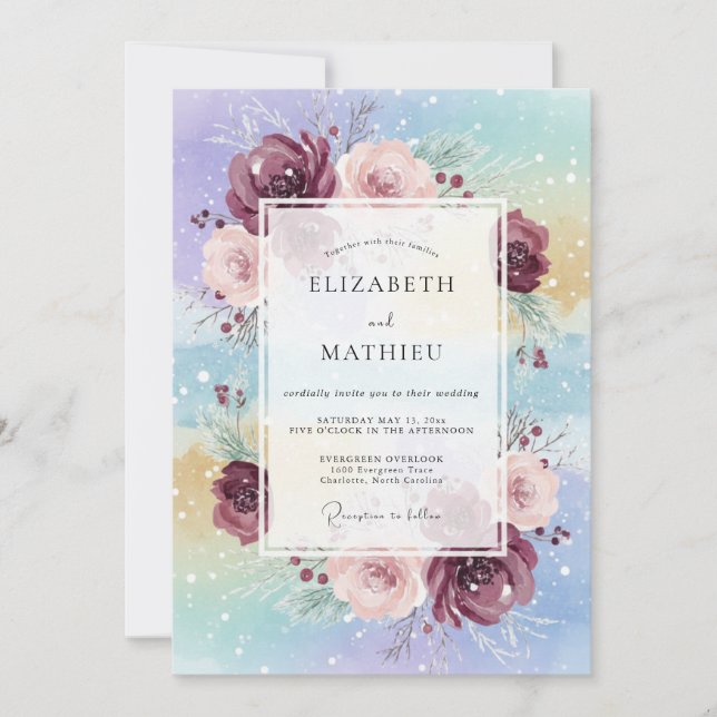 Invitation Mariage Paon Aquatique prune (Devant)