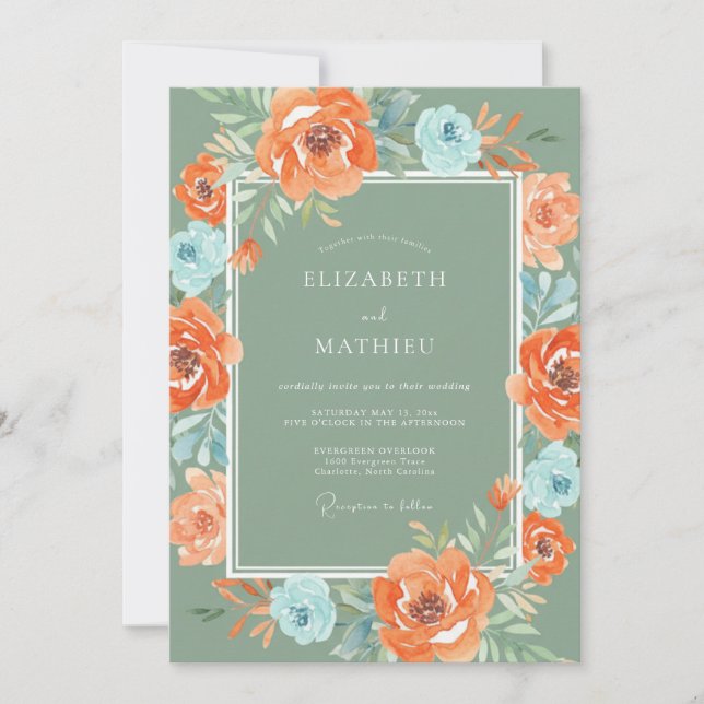 Invitation Mariage Paon Azur Corail (Devant)