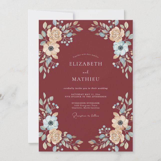 Invitation Mariage Paon Azur Marsala (Devant)