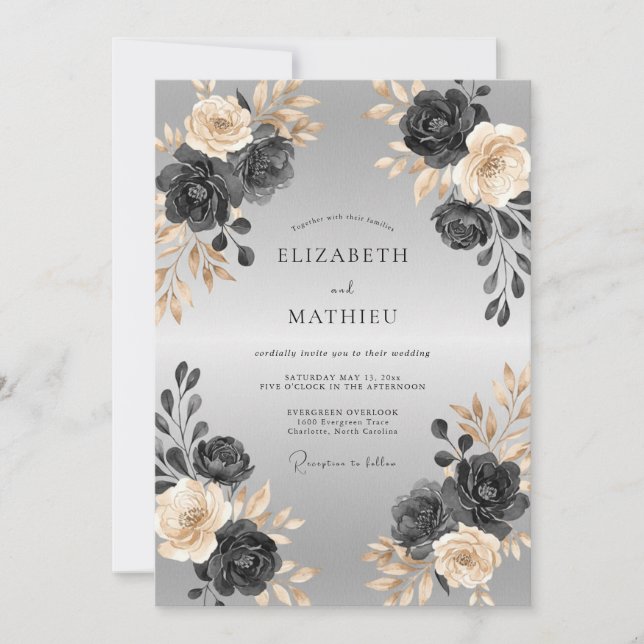 Invitation Mariage Paon de Charbon d'Argent (Devant)