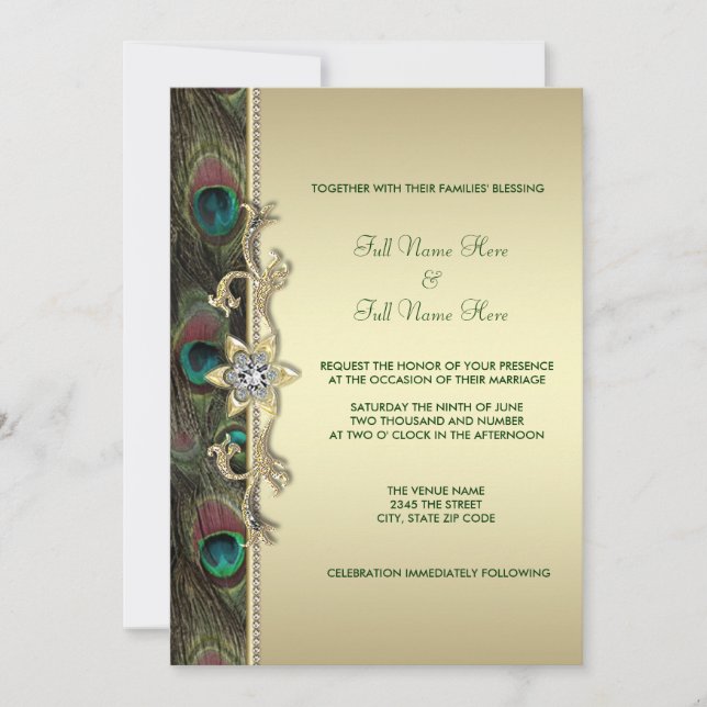 Invitation Mariage Paon Émeraude et Or (Devant)