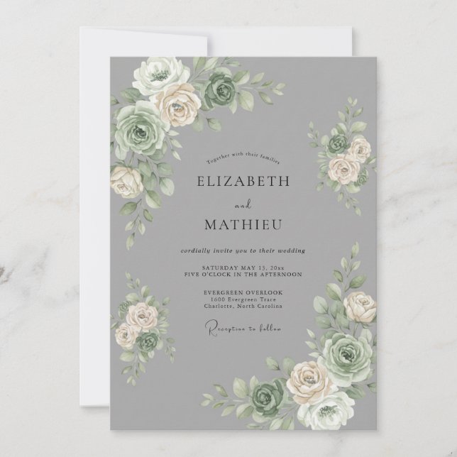 Invitation Mariage Paon Gris Argent (Devant)