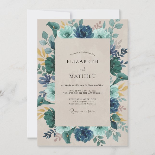 Invitation Mariage Paon Indigo Ardoise (Devant)