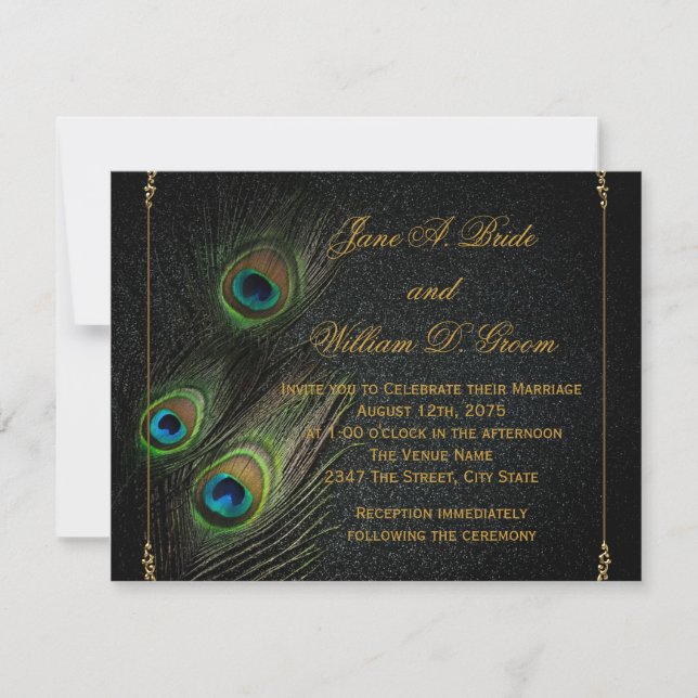 Invitation Mariage Paon Noir et Or (Devant)