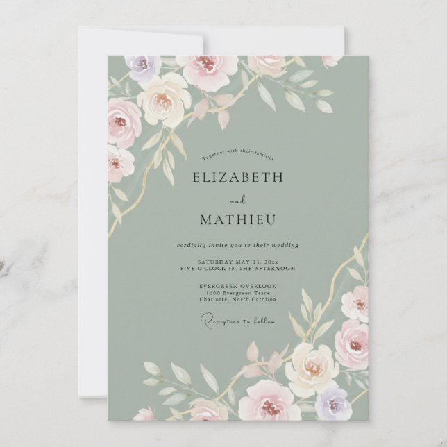 Invitation Mariage Paon Rose Céladon (Devant)