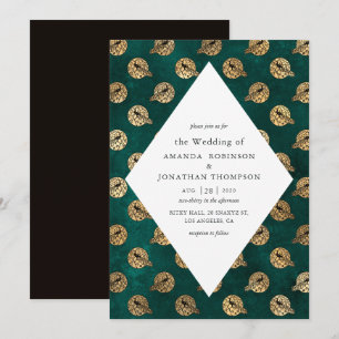 Invitation Mariage Paon Sarcelle et Or Grunge Vintage
