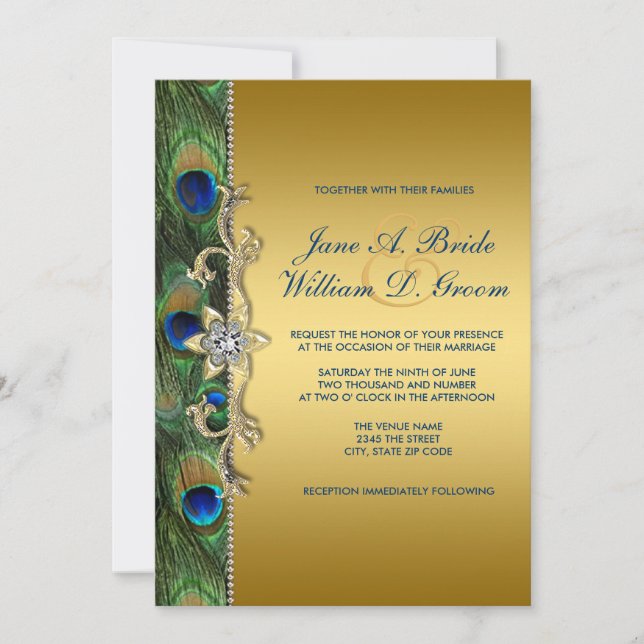 Invitation Mariage Paon Vert Émeraude et Or (Devant)