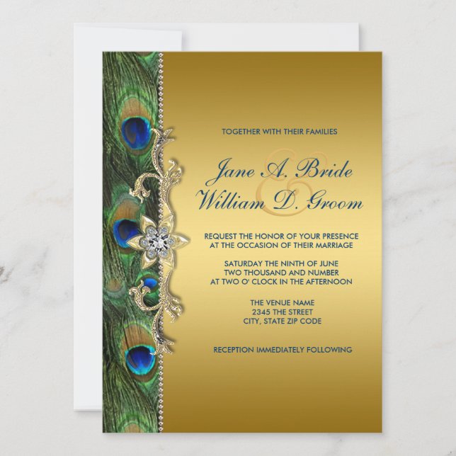 Invitation Mariage Paon Vert Émeraude et Or (Devant)