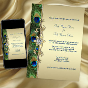 Invitation Mariage Paon Vert Émeraude et Or