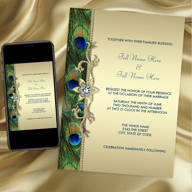 Invitation Mariage Paon Vert Émeraude et Or (Peacock wedding invitation. Available for instant download and printed. Gold peacock wedding invite)
