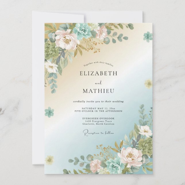 Invitation Mariage Paonée Aqua Gold (Devant)