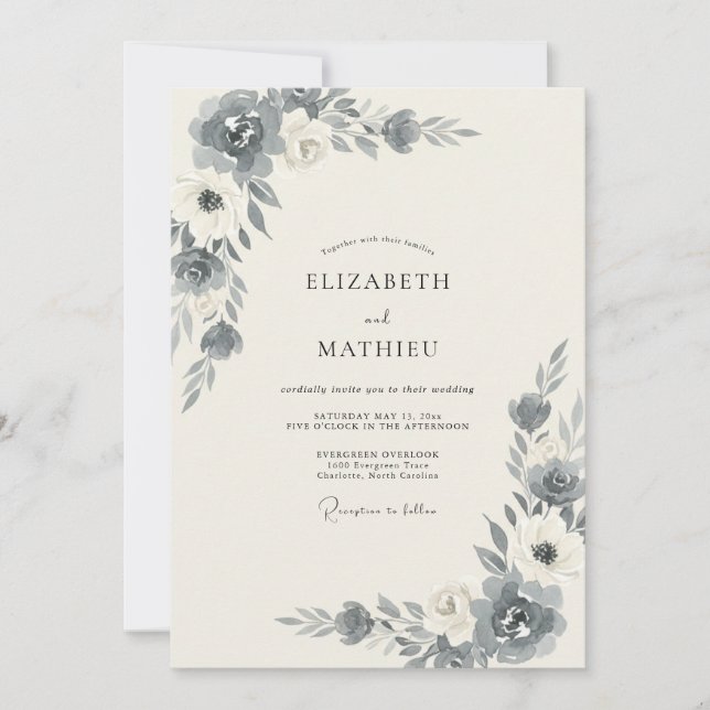 Invitation Mariage Paonée Ivoire Ardoise (Devant)