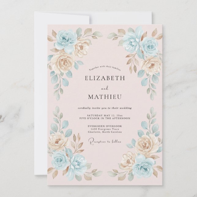 Invitation Mariage Paonée Or Céruléen (Devant)