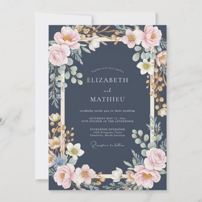 Invitation Mariage Paonée Or de Minuit (Devant)