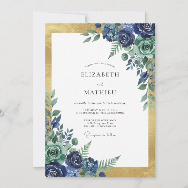 Invitation Mariage Paonée Or Indigo (Devant)